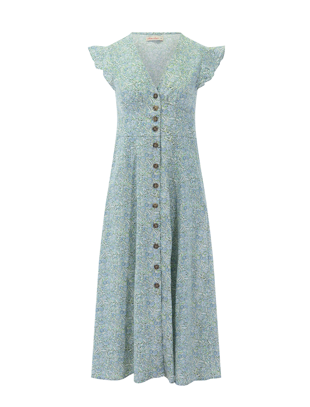 Front view of Marine Layer's camila midi dress in cool floral dress.