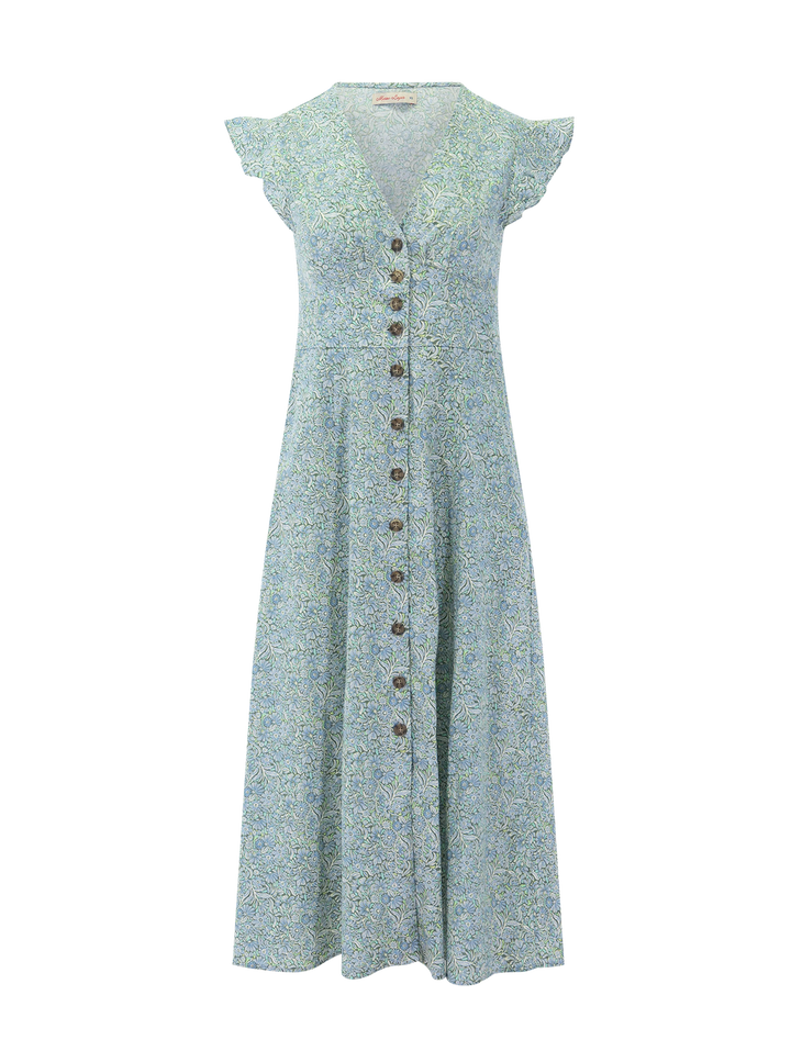 Front view of Marine Layer's camila midi dress in cool floral dress.