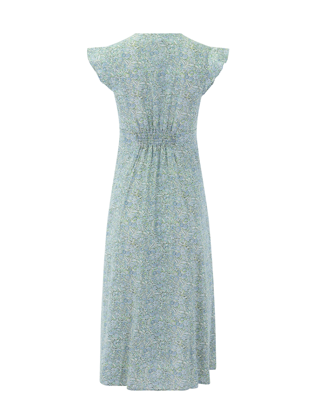 Back view of Marine Layer's camila midi dress in cool floral dress.