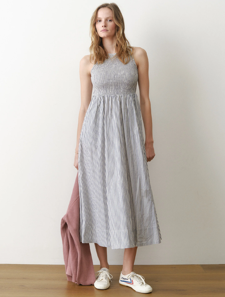 darcy poplin smocked dress in navy stripe