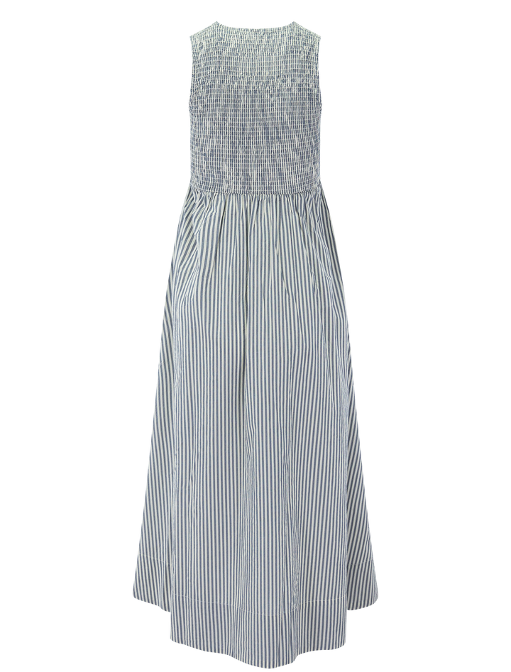 darcy poplin smocked dress in navy stripe