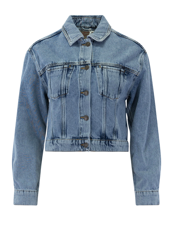 cropped denim jacket in medium wash