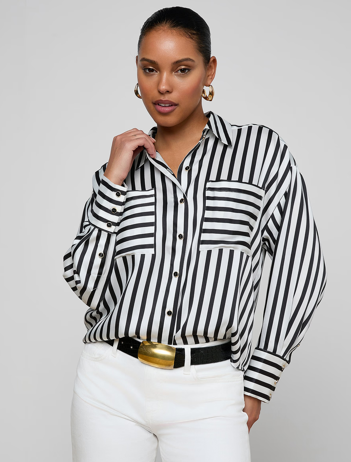 eliora blouse in black and ivory stripe