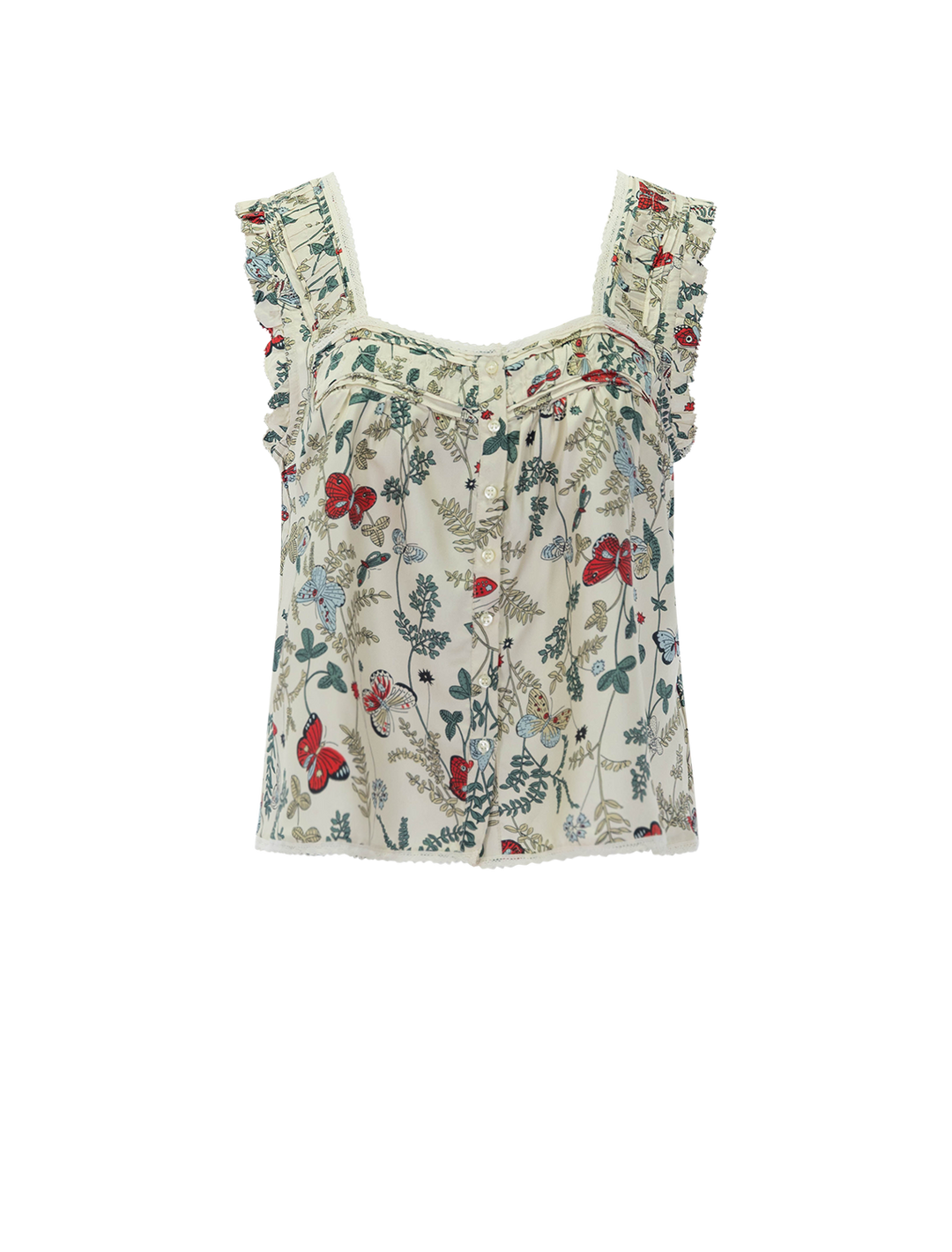 front view of the victorian pleat tank in floating butterfly print