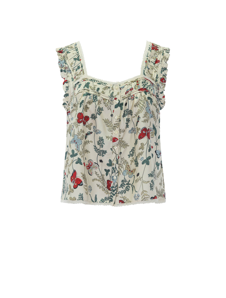 front view of the victorian pleat tank in floating butterfly print