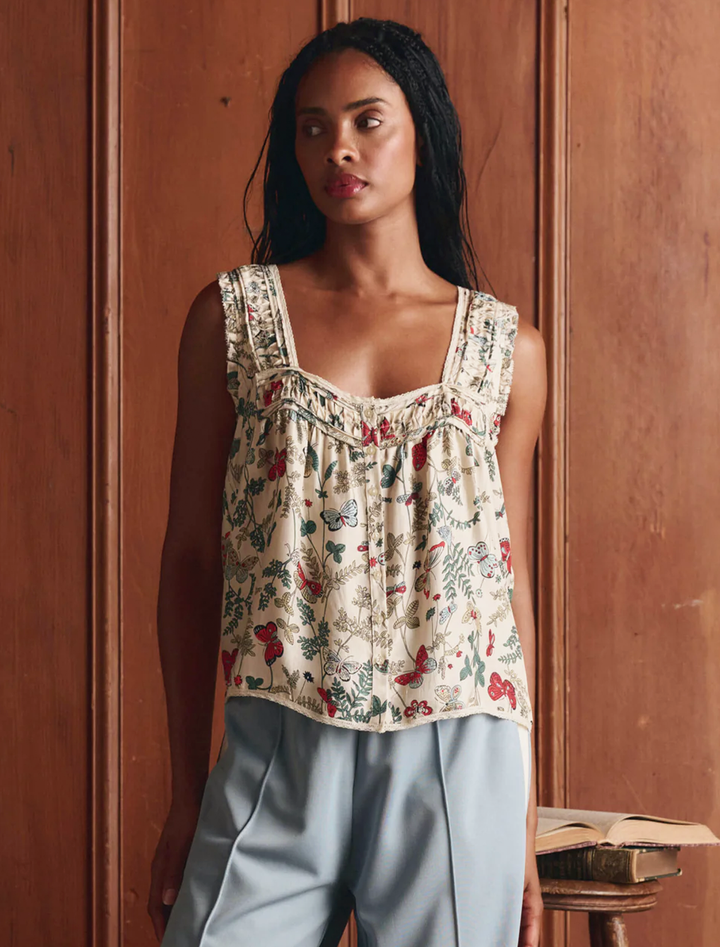 the victorian pleat tank in floating butterfly print
