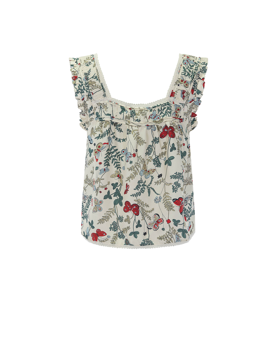 back view of the victorian pleat tank in floating butterfly print