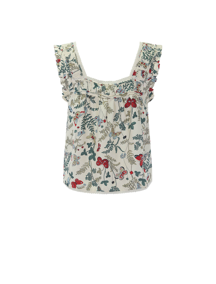 back view of the victorian pleat tank in floating butterfly print