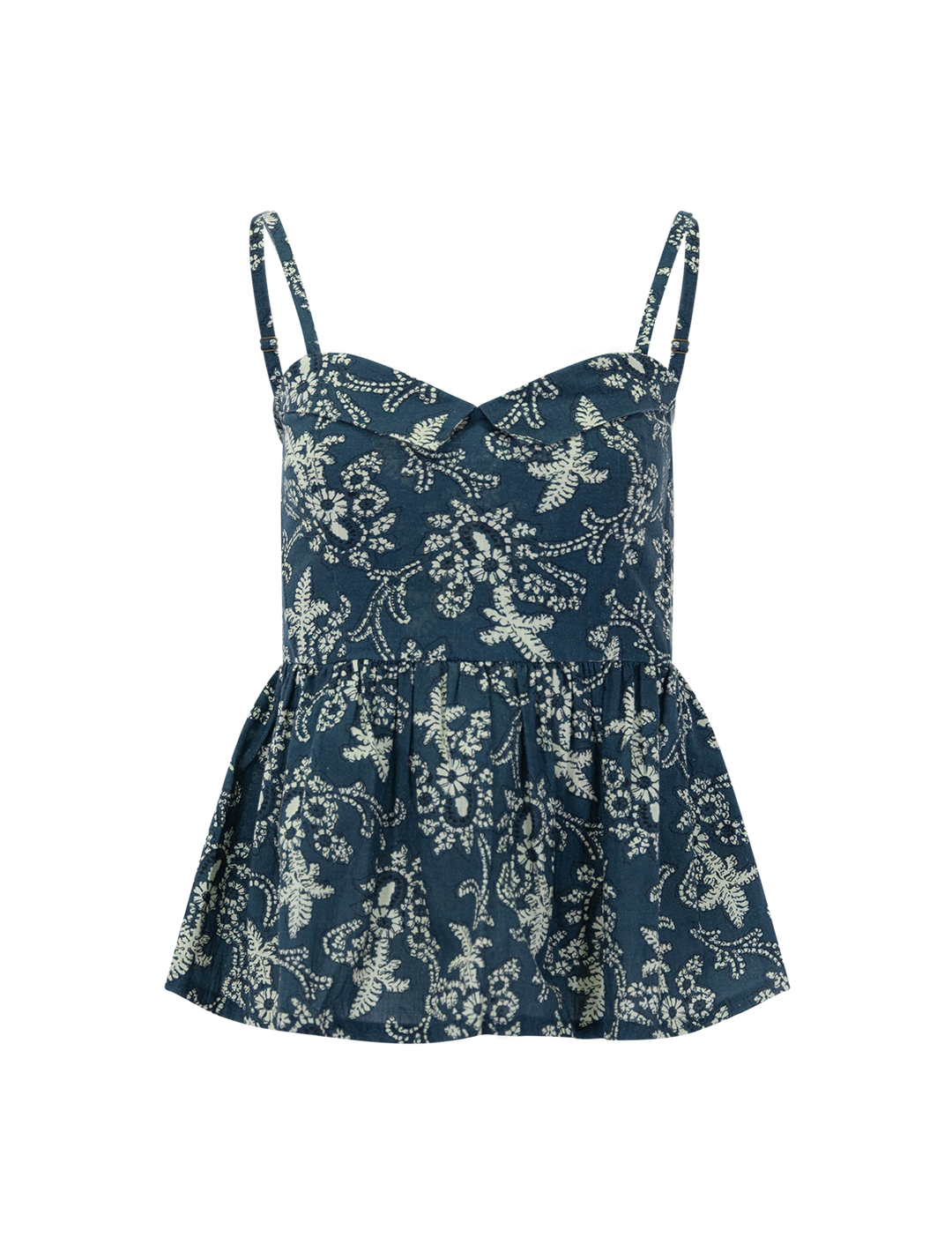 front view of the verse top in indigo bandana print