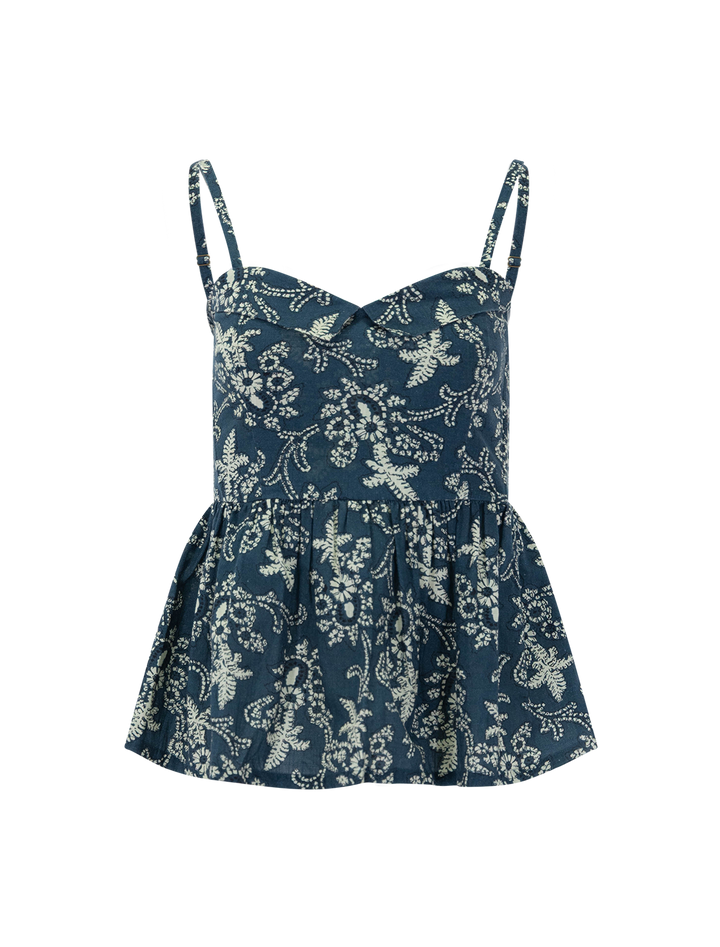 front view of the verse top in indigo bandana print