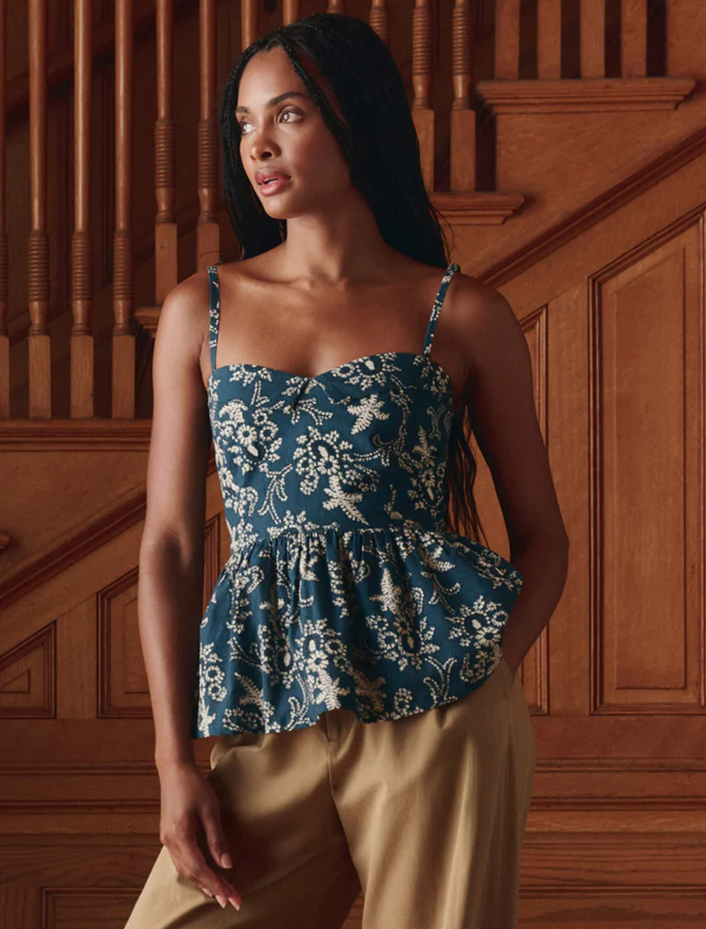 model wearing the verse top in indigo bandana print