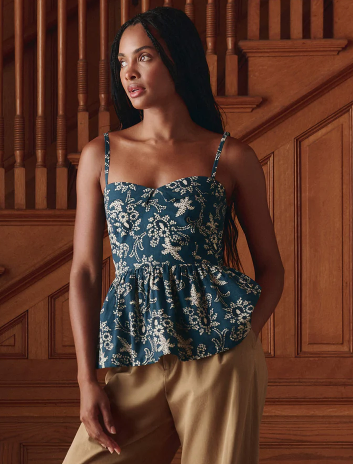 model wearing the verse top in indigo bandana print