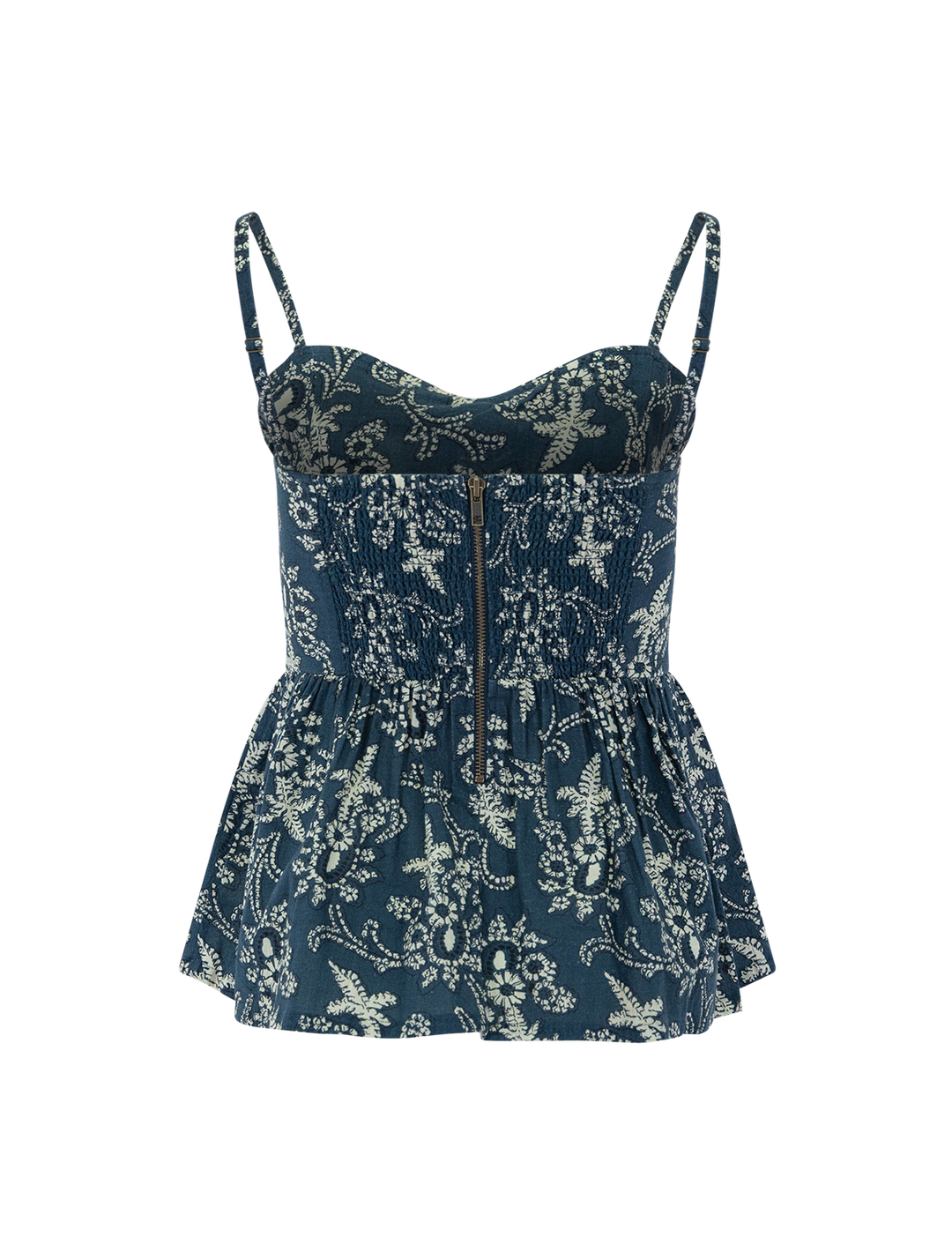 back view of the verse top in indigo bandana print