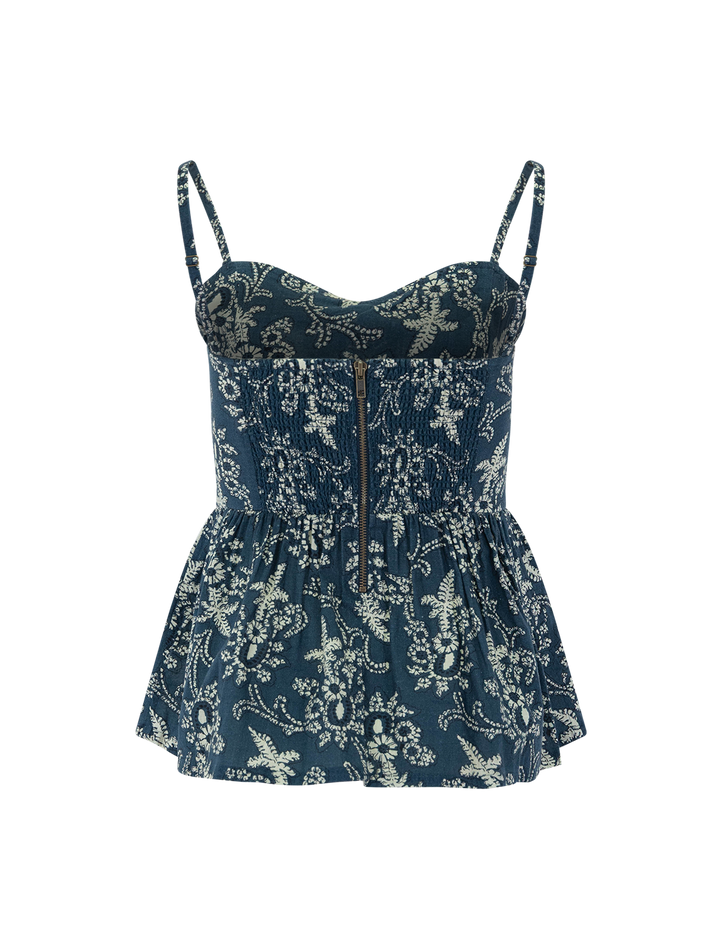 back view of the verse top in indigo bandana print