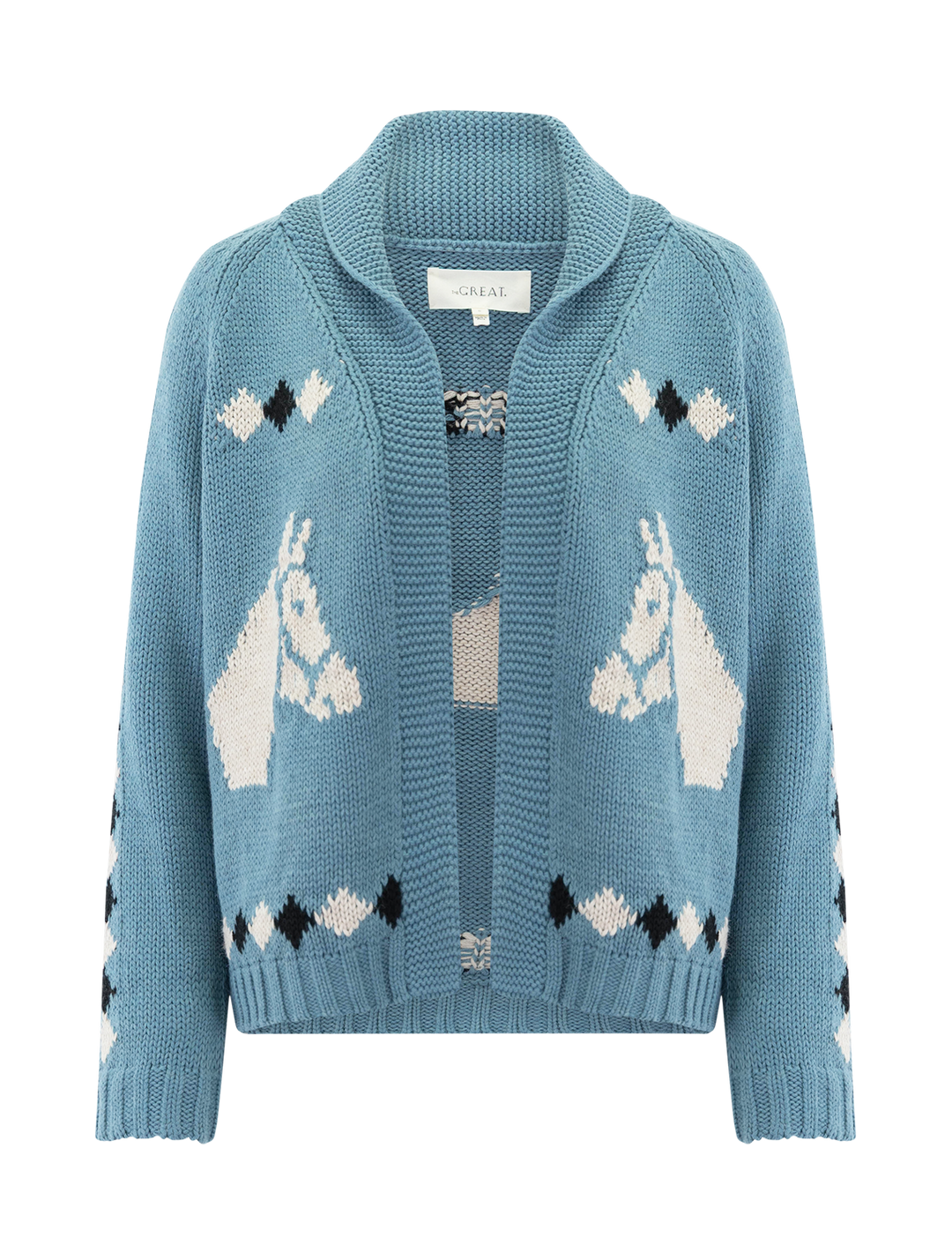 The Great the stable lodge cardigan in blue bell - front view.