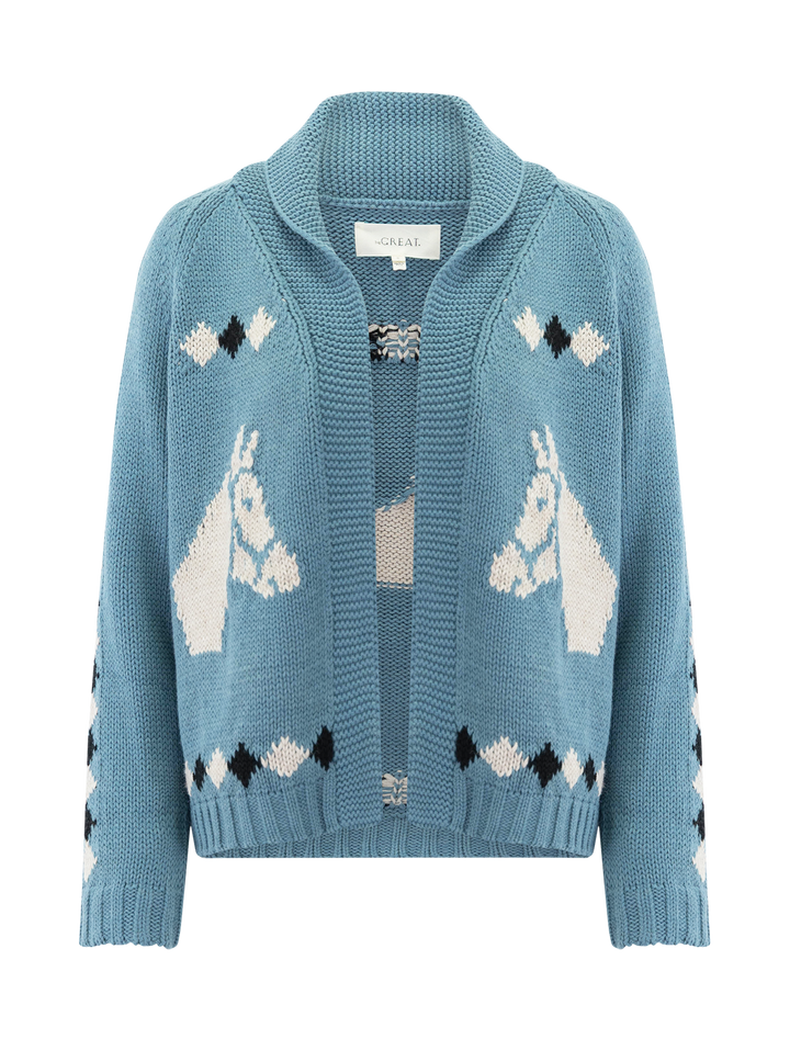 The Great the stable lodge cardigan in blue bell - front view.
