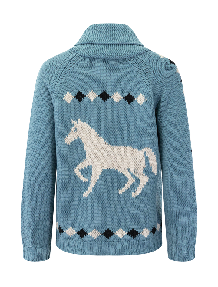 The Great the stable lodge cardigan in blue bell - back view.