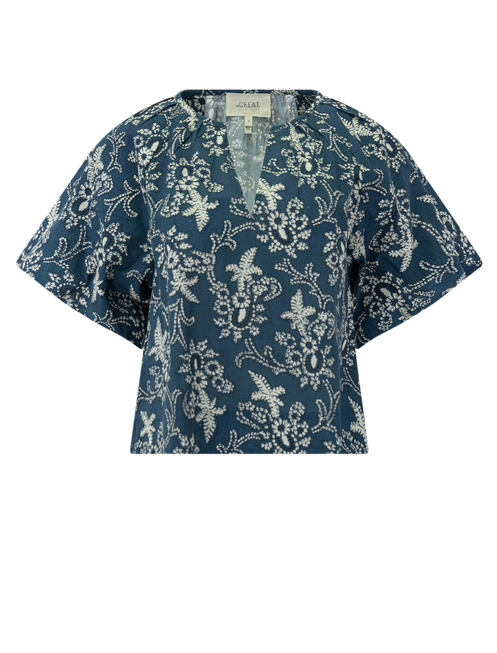 front view of the blyte top in indigo bandana print