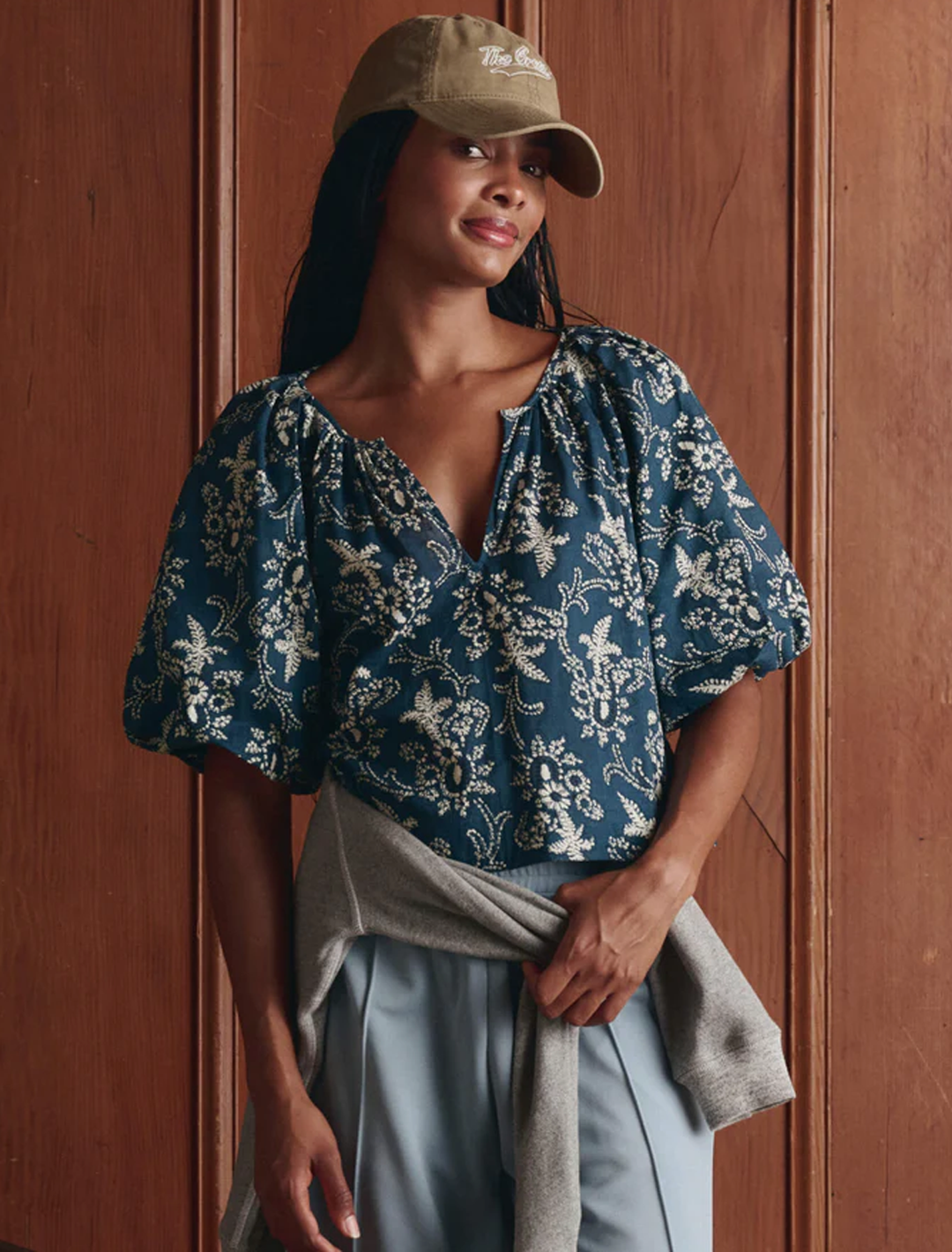 model wearing the blyte top in indigo bandana print