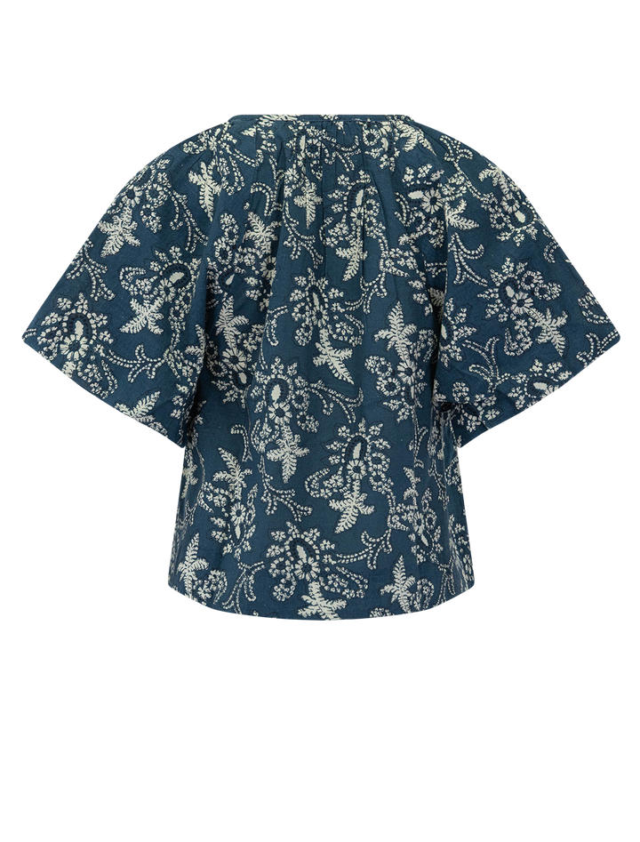 back view of the blyte top in indigo bandana print
