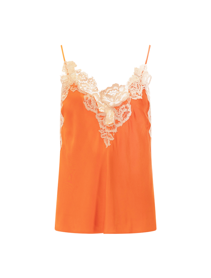 Front view of ALC's hana top in vivid orange and pale blush.
