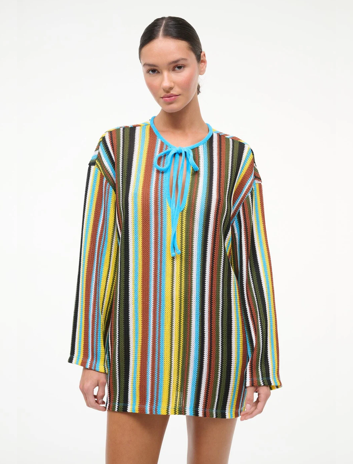 Model wearing Staud's catalina tunic dress in skate stripe.