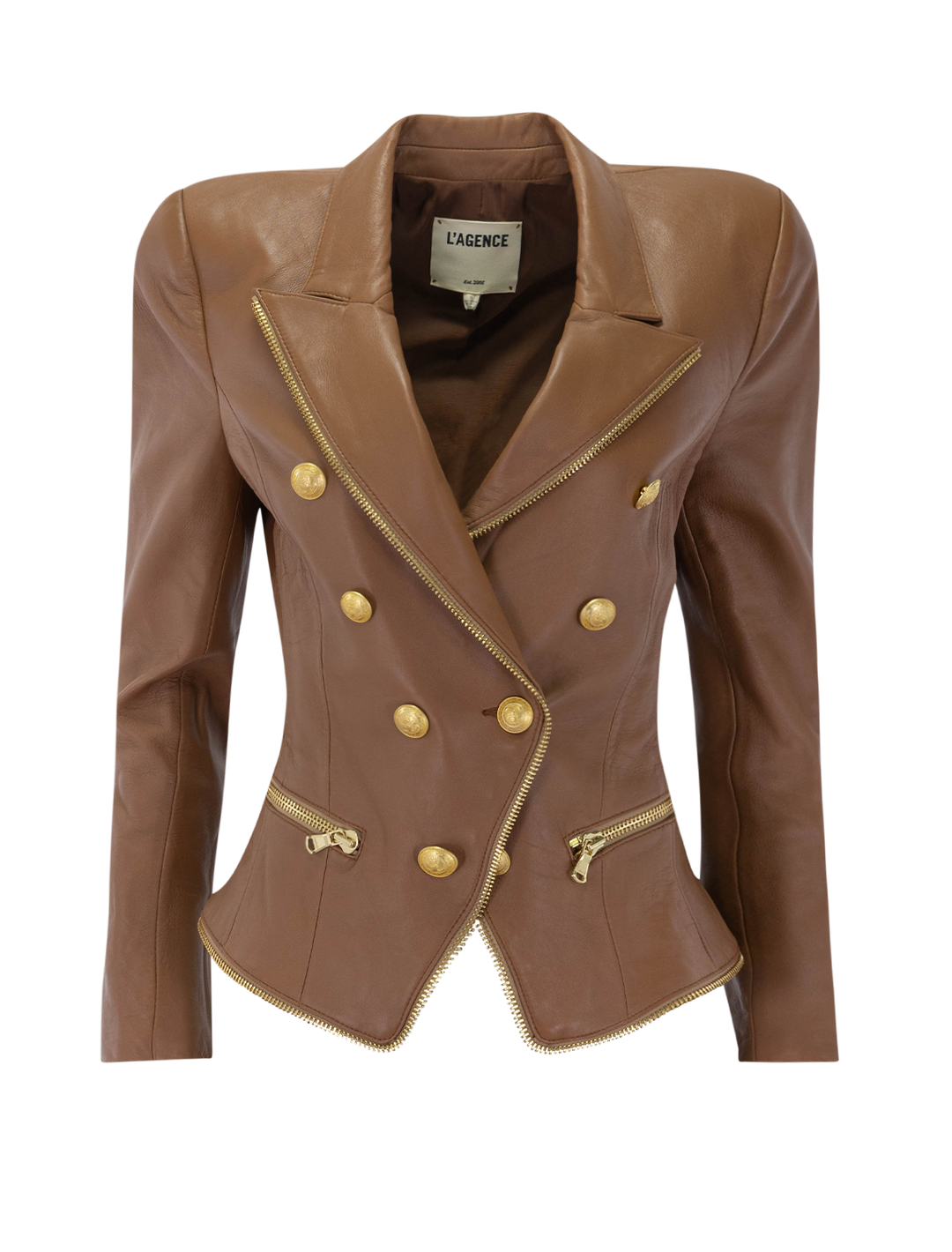 front view of ottilie leather blazer in soft cognac