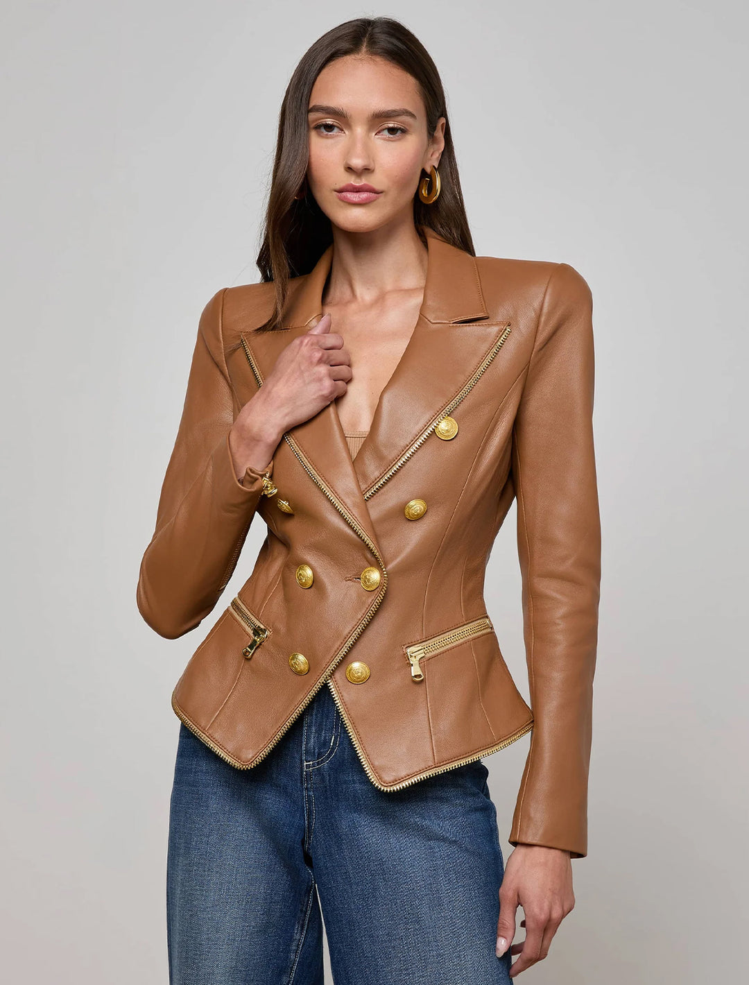 ottilie leather blazer in soft cognac