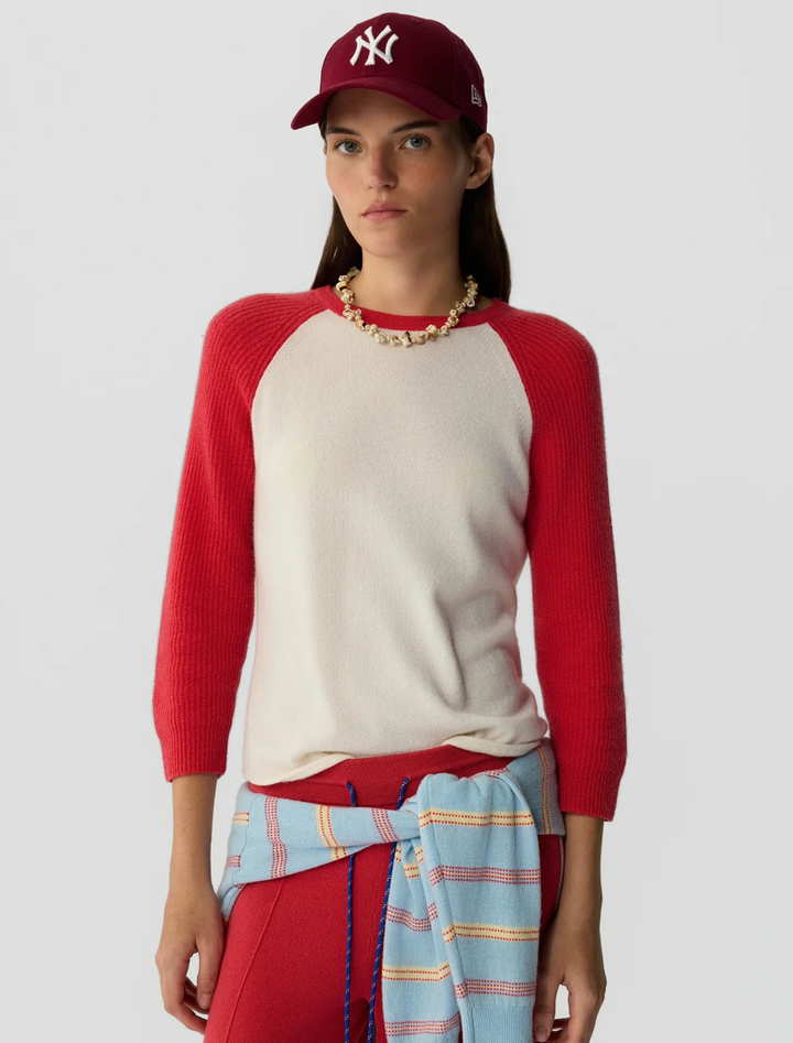 cashmere baseball tee in cream and scarlet