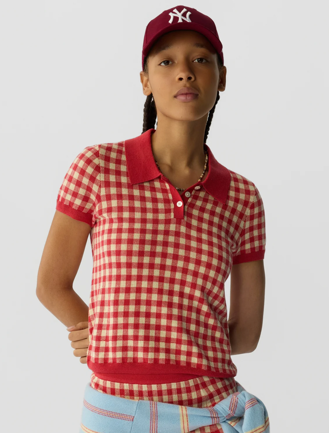 gingham polo in scarlet and mist