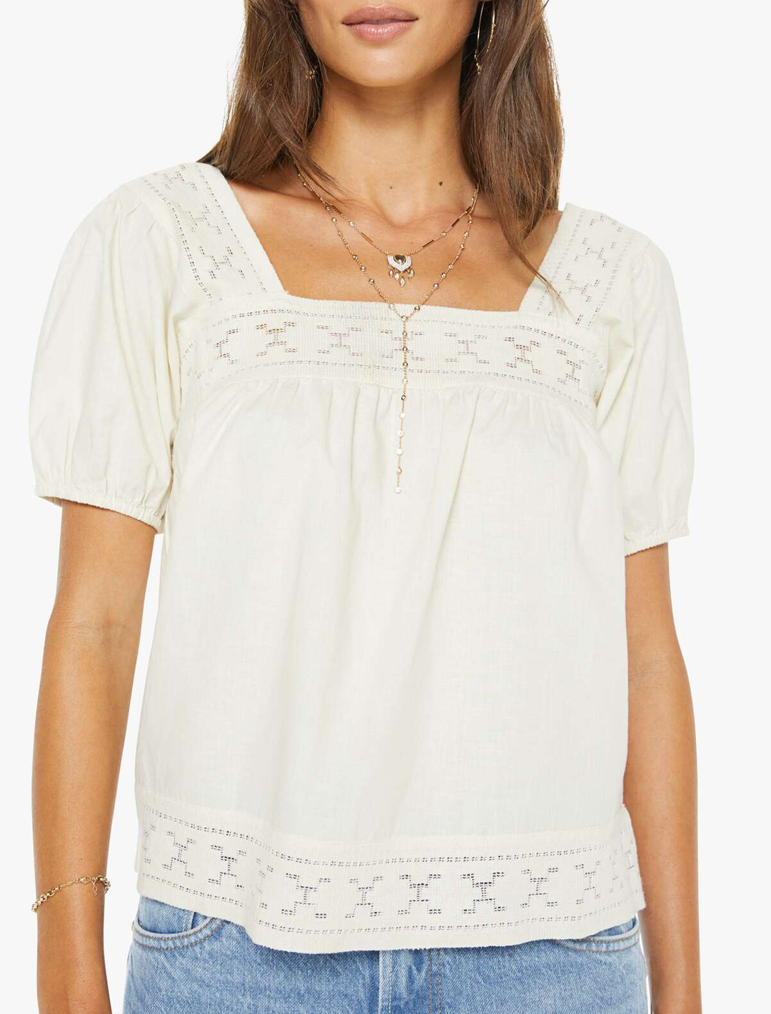 model wearing the memory lane puff sleeve top in early bird