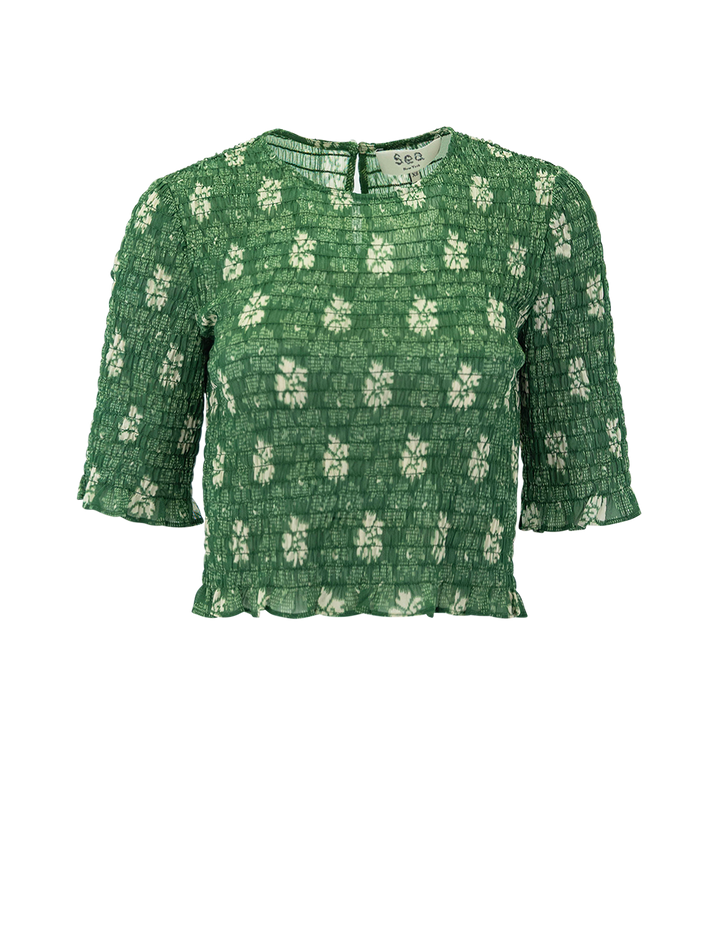 Front view of Sea NY's gloria print top in green.