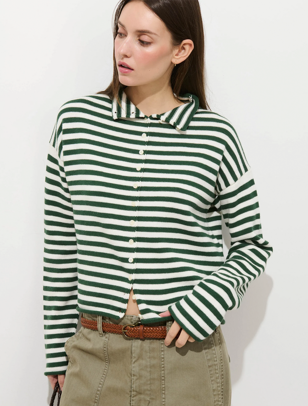 taylor cardigan in forest and ivory stripe