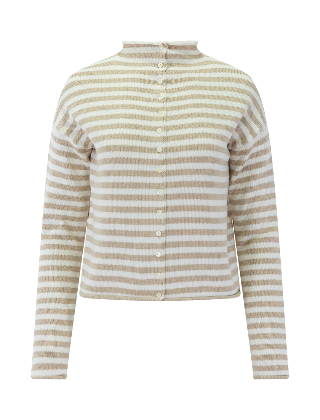 front view of taylor cardigan in sand and ivory stripe