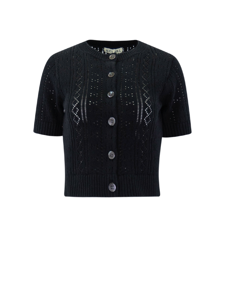 elle pointelle cardigan in black