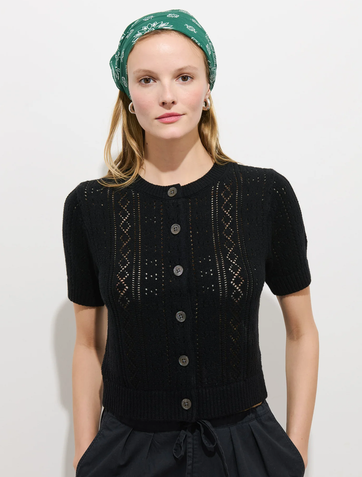 elle pointelle cardigan in black