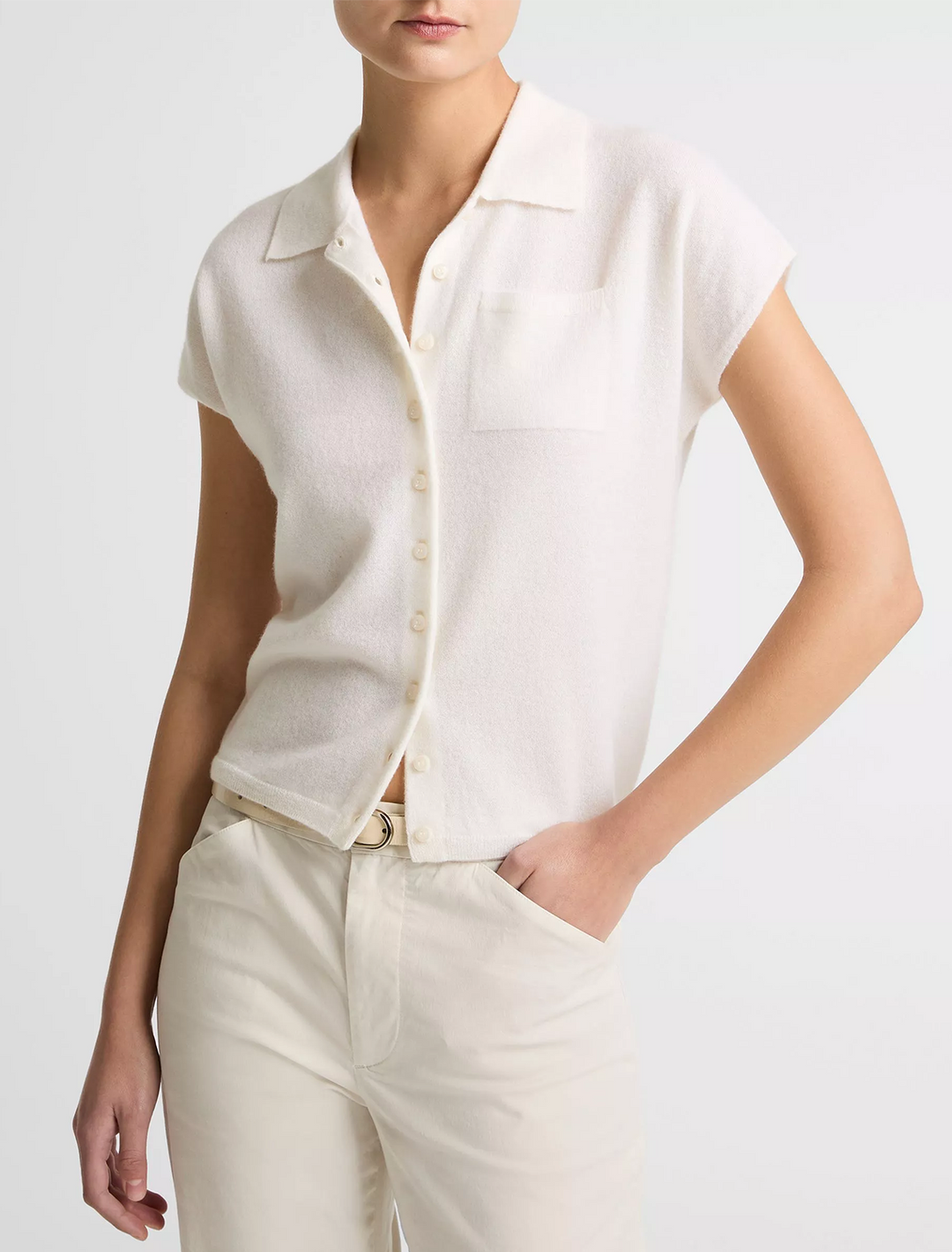cashmere and silk button polo in off white