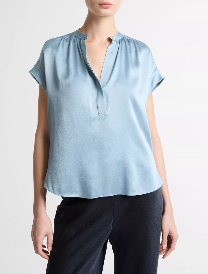 gathered neck cap sleeve top in del mar
