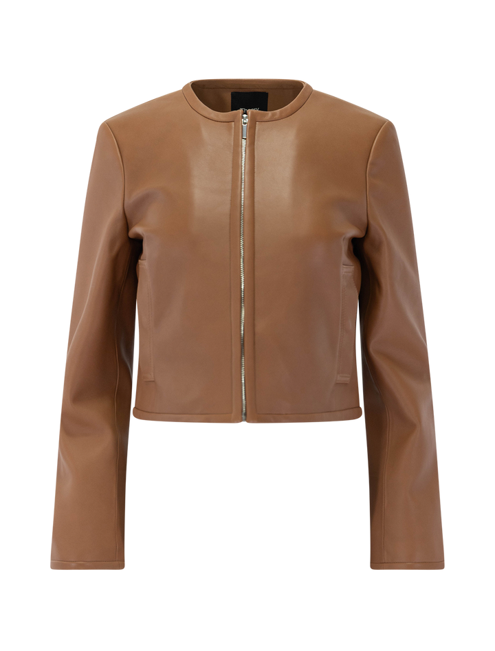 leather collarless zip jacket in bright cognac