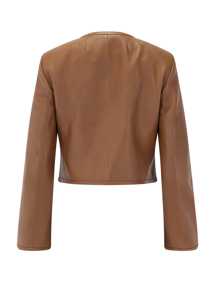 leather collarless zip jacket in bright cognac