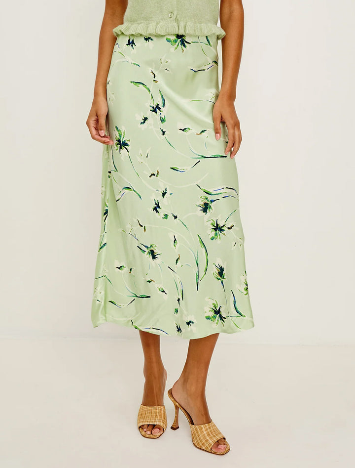 model wearing anya skirt in mint linnea print