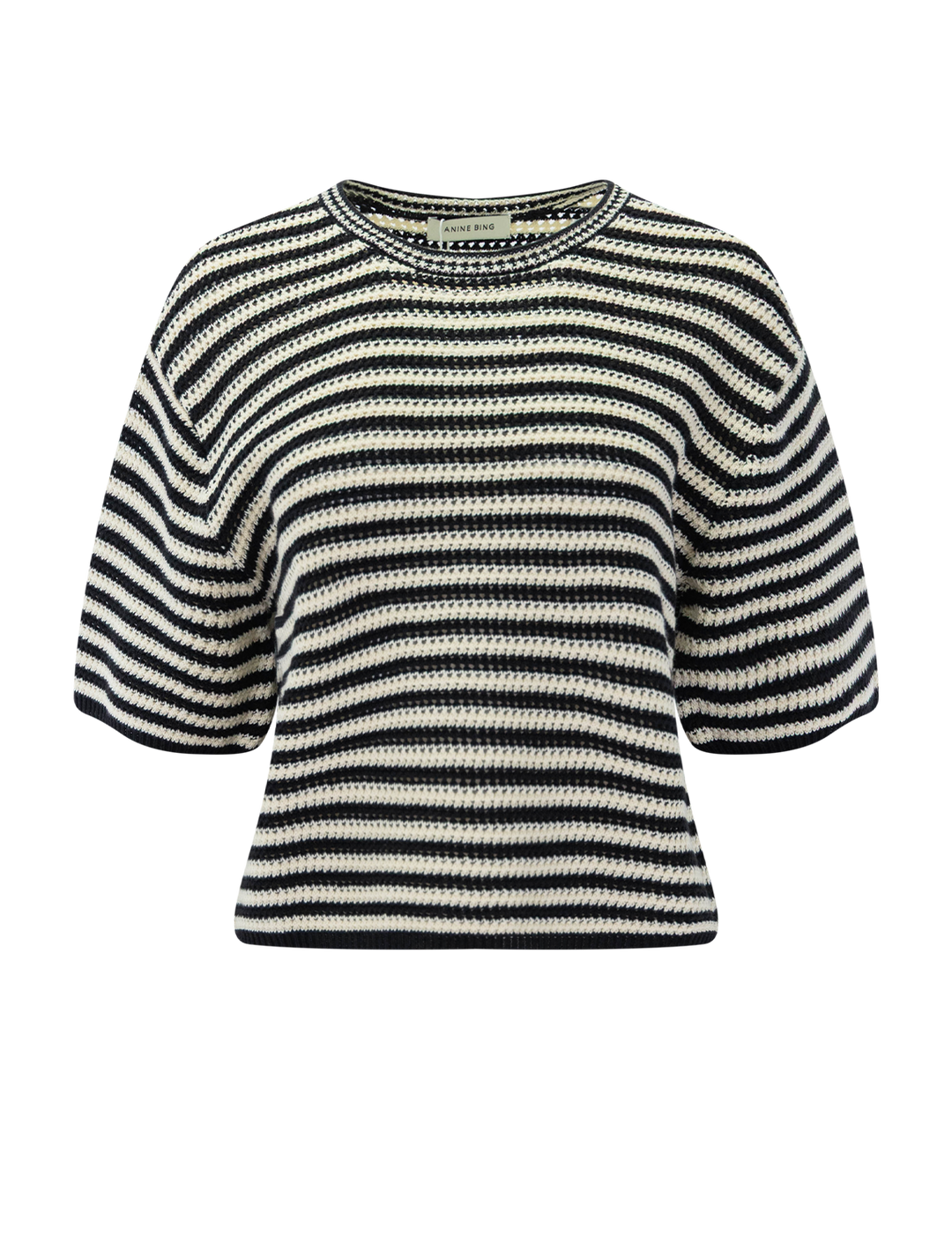 Front view of Anine Bing's Theo Sweater in Black and Ivory Stripe.