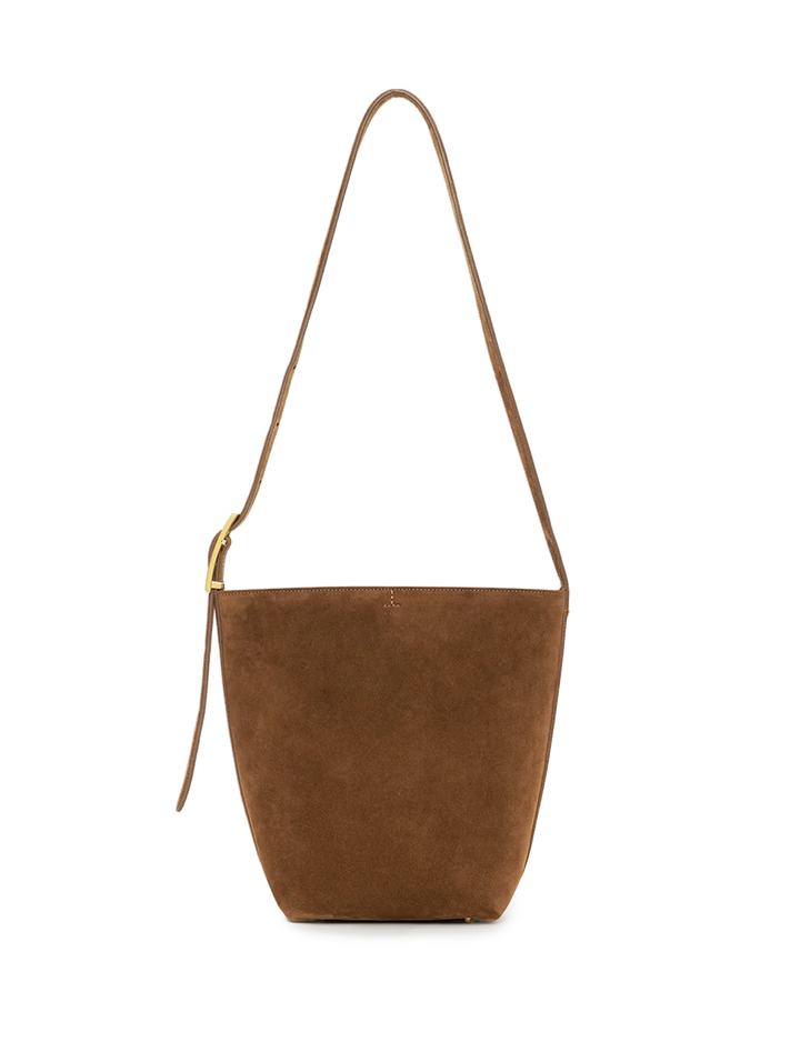 elly medium bucket bag in tobacco suede