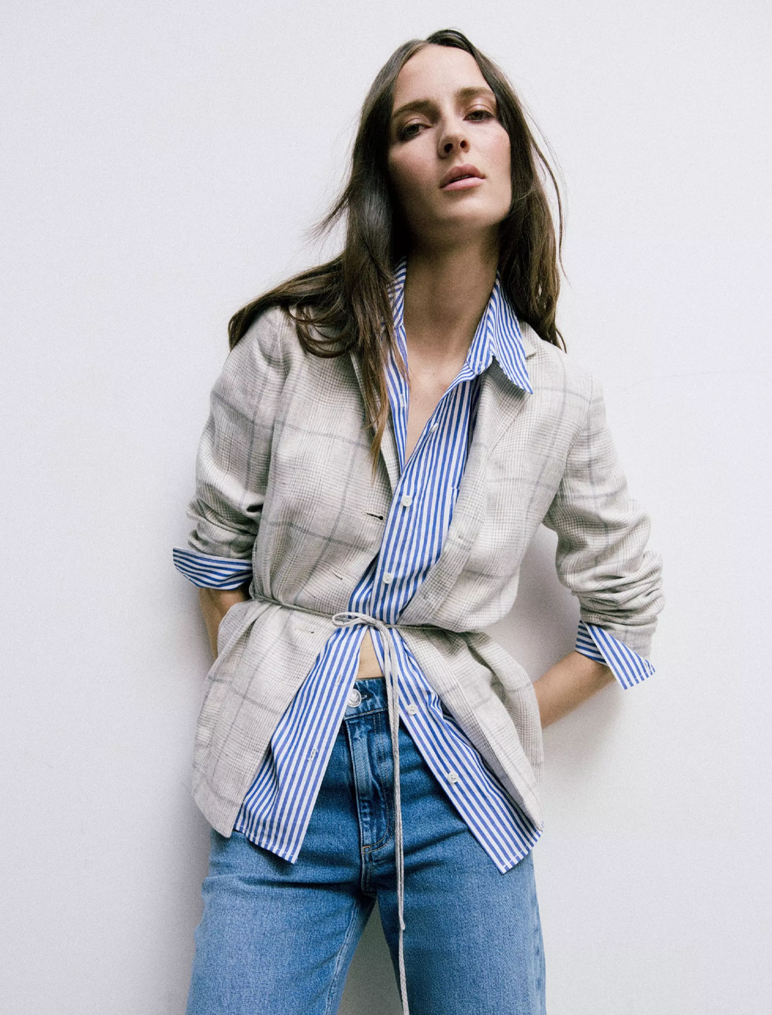 model wearing chappell plaid blazer