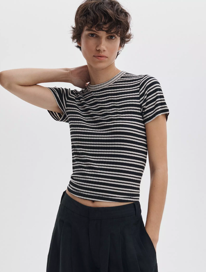 model wearing luca stripe contrast tee in ivory and black