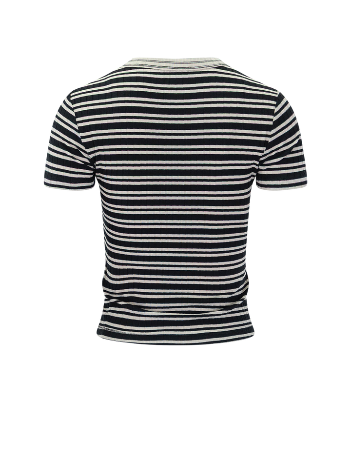 back view of luca stripe contrast tee in ivory and black