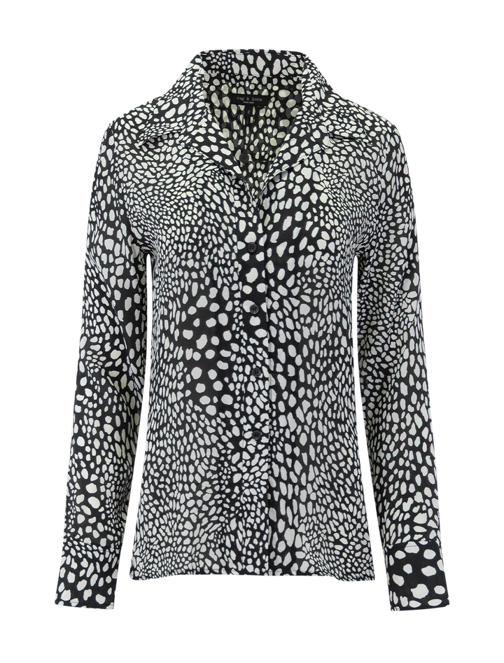 front view of sade printed blouse in black leopard