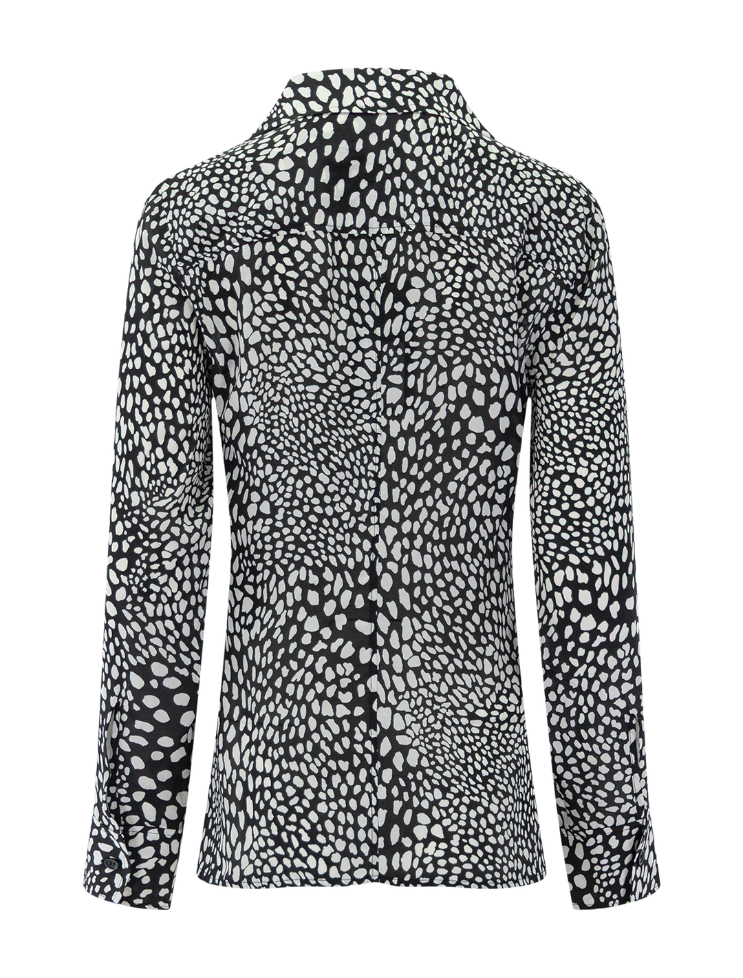 back view of sade printed blouse in black leopard