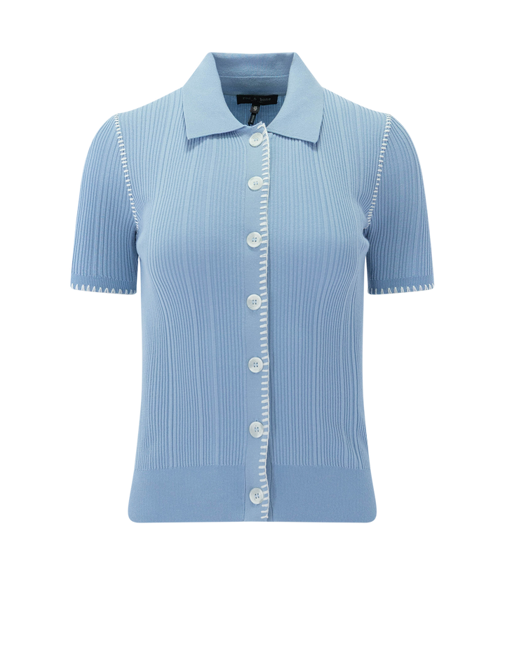 front view of harper short sleeve cardigan in sky