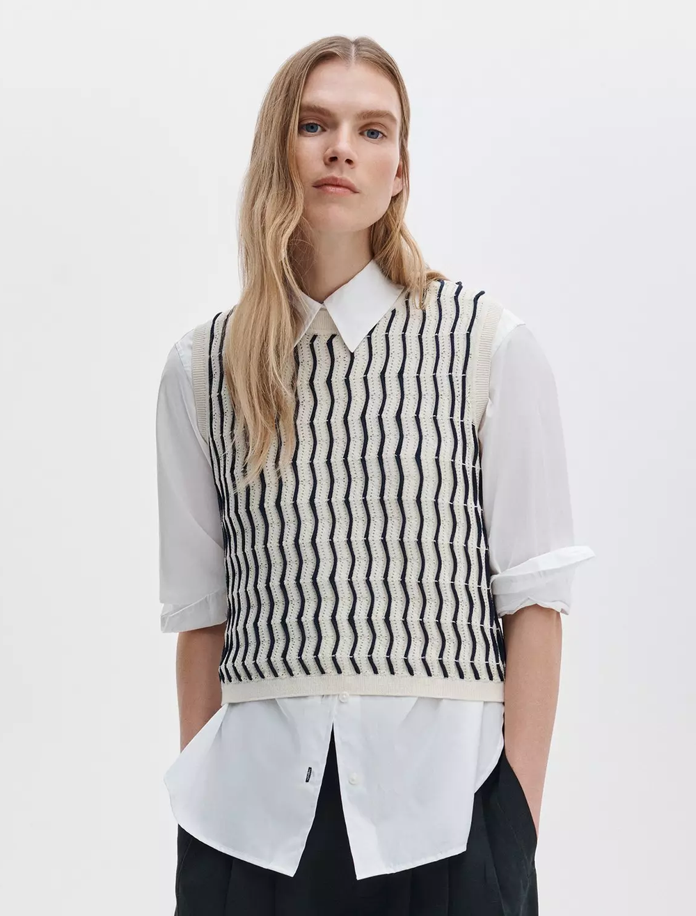 model wearing leslie stripe vest